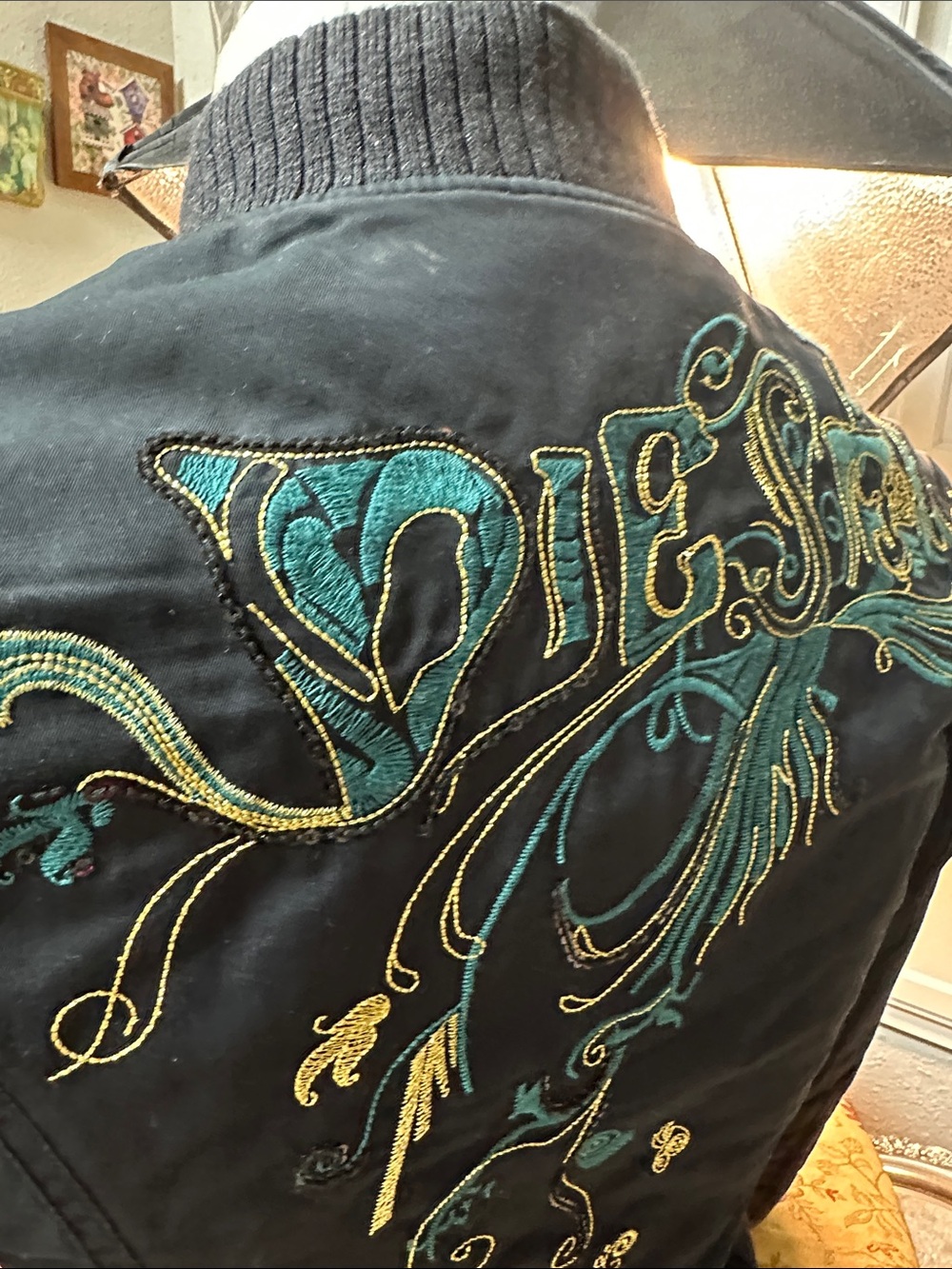 Diesel Black Bomber Jacket with Teal & Gold Embroidery - Picture 7 of 14
